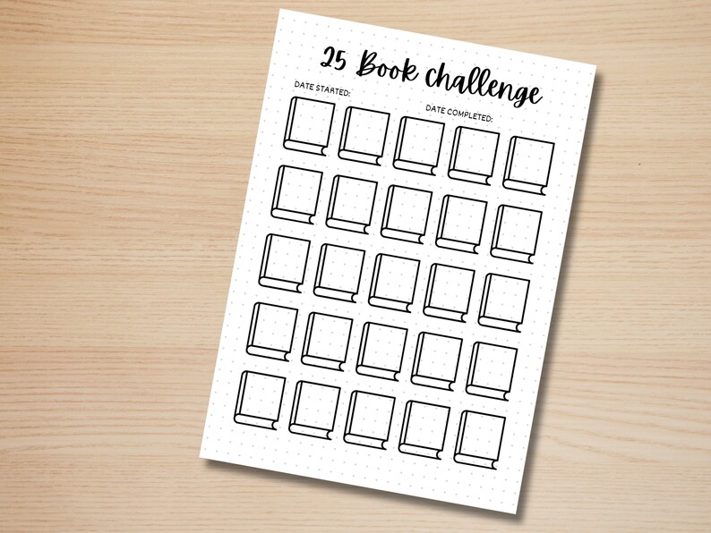 May include: A printable book challenge tracker with 25 book icons. The tracker has spaces for the date started and date completed.