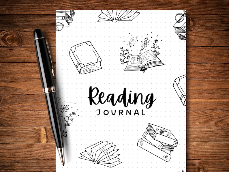 May include: A black and white reading journal with a dotted background. The journal has a title that says "Reading Journal" and is decorated with drawings of books, flowers, and stars.