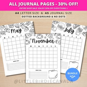Cute Food 12 Month Calendar - BUNDLE D - Journal Calendar Template - Monthly Planner - PRINTABLE Calendar - Printable Planner Page