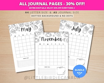 Cute Food 12 Month Calendar - BUNDLE D - Journal Calendar Template - Monthly Planner - PRINTABLE Calendar - Printable Planner Page