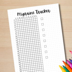 May include: A printable migraine tracker with a grid for each day of the month and checkboxes for marking migraine days. The months are labeled January through December.