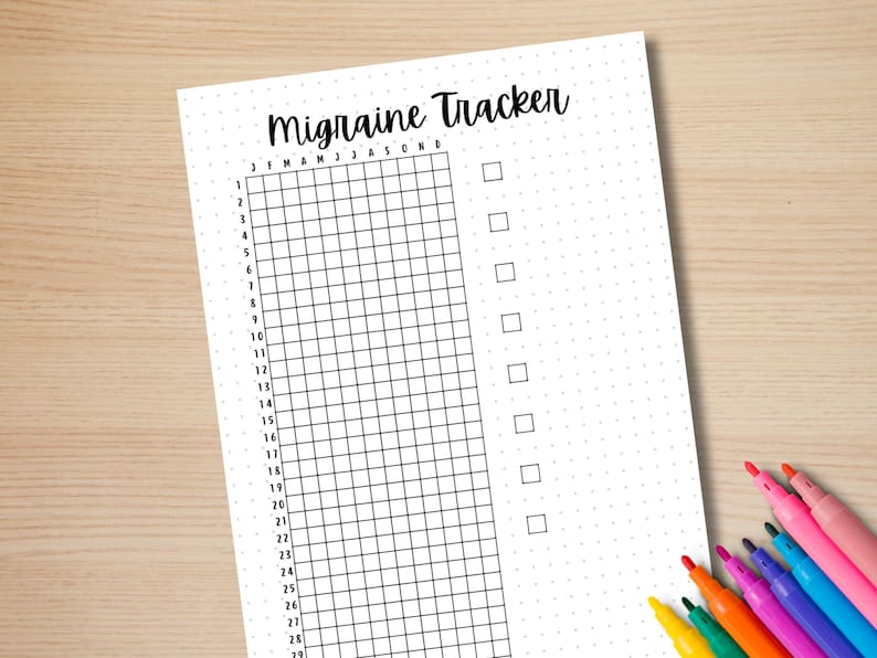 May include: A printable migraine tracker with a grid for each day of the month and checkboxes for marking migraine days. The months are labeled January through December.
