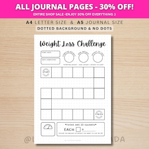 Desafío de pérdida de peso - Seguimiento de actividad física - Página de diario imprimible - Pesaje - Seguimiento de salud - Seguimiento de entrenamiento - Seguimiento de pérdida de peso