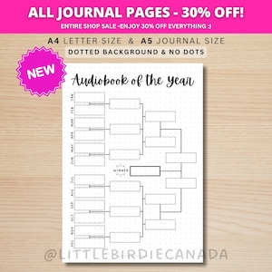May include: A white journal page with a dotted background features a bracket-style design for "Audiobook of the year." The page includes text for months and a "Winner" section. The top banner reads "ALL JOURNAL PAGES - 30% OFF!"