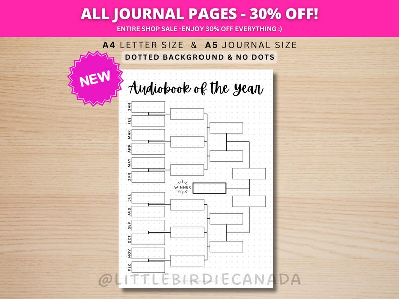 May include: A white journal page with a dotted background features a bracket-style design for "Audiobook of the year." The page includes text for months and a "Winner" section. The top banner reads "ALL JOURNAL PAGES - 30% OFF!"