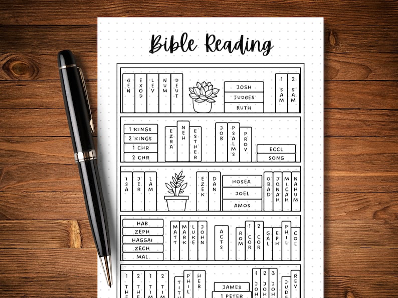 May include: A black and white printable Bible reading tracker with a bookshelf design. The tracker includes all the books of the Bible, organised by category.