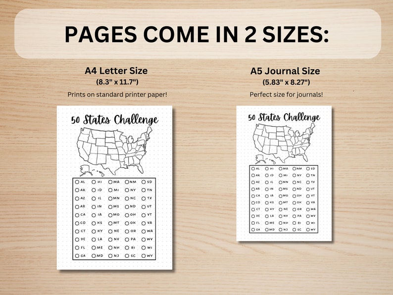 May include: Two printable pages for a 50 states challenge. The pages are available in two sizes: 8.3 inches by 11.7 inches and 5.83 inches by 8.27 inches. Each page features a map of the United States with a checklist of all 50 states.