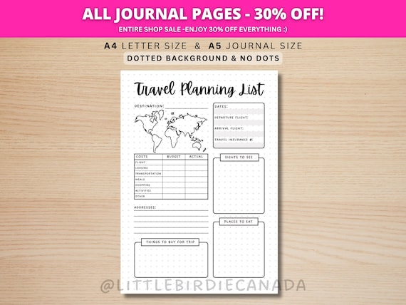 Travel Planning List - PRINTABLE Journal Page - Travel Planner Page - Vacation Planner - Travel Itinerary - Trip Planner - Plan Trips