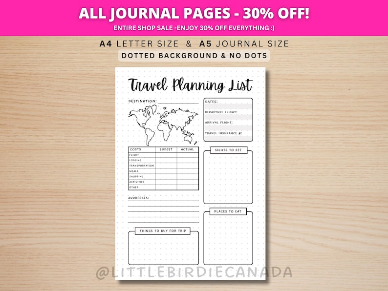 Reiseplanung Liste - druckbare Journal Seite - Reiseplaner Seite - Urlaubsplaner - Reiseverlauf - Reiseplaner Bild 1