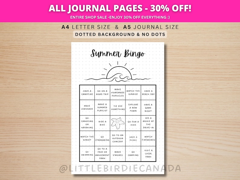 Summer Bingo Game - Summer Activities - PRINTABLE Journal Page - Planner Page - Summer To Do List - Summer Activity List Summer Bucket List image 1