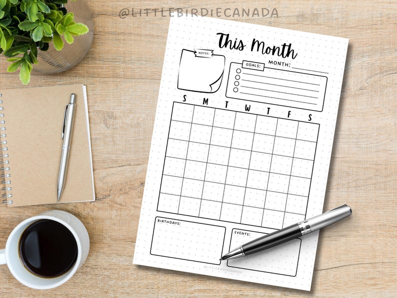May include: A printable monthly calendar planner with a dotted background. The calendar has sections for goals, birthdays, and events. The text "This Month" is at the top of the page.
