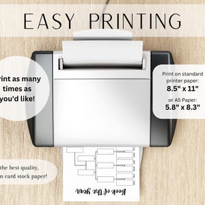 May include: A white printer with the text "EASY PRINTING" is shown on a wooden surface. The image includes text that says "Print as many times as you'd like!" and "Print on standard printer paper: 8.5" x 11" or A5 Paper: 5.8" x 8.3". A printed bracket is visible.