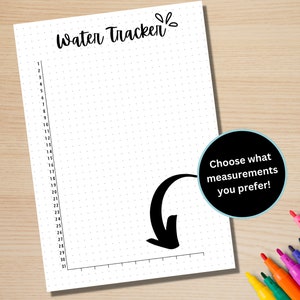 May include: A printable water tracker with a dotted grid and numbers 1 through 31. The text "Water Tracker" is at the top of the page. An arrow points to the right, with the text "Choose what measurements you prefer!" in a circle.