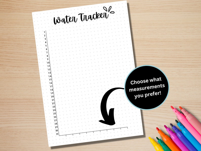 May include: A printable water tracker with a dotted grid and numbers 1 through 31. The text "Water Tracker" is at the top of the page. An arrow points to the right, with the text "Choose what measurements you prefer!" in a circle.