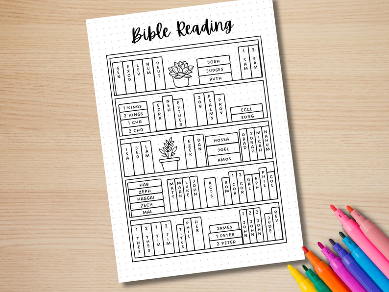 May include: A black and white printable Bible reading tracker with a bookshelf design. The bookshelf is filled with the names of books from the Bible, including Genesis, Exodus, Leviticus, Numbers, Deuteronomy, Joshua, Judges, Ruth, 1 Samuel, 2 Samuel, 1 Kings, 2 Kings, 1 Chronicles, 2 Chronicles, Ezra, Nehemiah, Esther, Job, Psalms, Proverbs, Ecclesiastes, Song of Solomon, Isaiah, Jeremiah, Lamentations, Ezekiel, Daniel, Hosea, Joel, Amos, Obadiah, Jonah, Micah, Nahum, Habakkuk, Zephaniah, Haggai, Zechariah, Malachi, Matthew, Mark, Luke, John, Acts, Romans, 1 Corinthians, 2 Corinthians, Galatians, Ephesians, Philippians, Colossians, 1 Thessalonians, 2 Thessalonians, 1 Timothy, 2 Timothy, Titus, Philemon, Hebrews, James, 1 Peter, 2 Peter, 1 John, 2 John, 3 John, Jude, and Revelation.