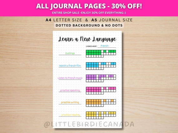 Learn A New Language - PRINTABLE Journal Page - Language Worksheet - Learning Language - Language Tracker - Learn French - Learn Spanish