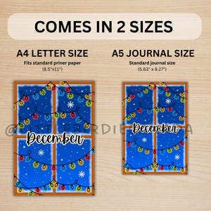 May include: Digital print featuring a winter window scene with the word "December" and string lights. Available in A4 (8.5"x11") and A5 (5.83" x 8.27") sizes. The image has a blue background with snowflakes.