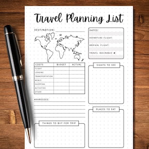 K&ouml;nnte beinhalten: Eine druckbare Reiseplanungsliste mit Abschnitten f&uuml;r Reiseziel, Daten, Kosten, Budget, Tats&auml;chlich, Sehensw&uuml;rdigkeiten, Dinge, die f&uuml;r die Reise gekauft werden sollen, und Orte zum Essen. Die Liste enth&auml;lt eine Weltkarte.