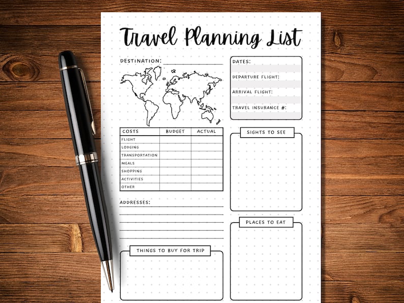 K&ouml;nnte beinhalten: Eine druckbare Reiseplanungsliste mit Abschnitten f&uuml;r Reiseziel, Daten, Kosten, Budget, Tats&auml;chlich, Sehensw&uuml;rdigkeiten, Dinge, die f&uuml;r die Reise gekauft werden sollen, und Orte zum Essen. Die Liste enth&auml;lt eine Weltkarte.