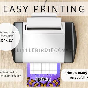 May include: A printer with a sheet of paper with a butterfly themed calendar design. The text "EASY PRINTING" is at the top of the image. The text "Prints on standard printer paper: 8.5" x 11" is in a white circle. The text "For the best quality, print on card stock paper!" is in a white circle. The text "Print as many times as you'd like!" is in a white circle. The calendar design has the word "March" in the center and butterflies on the bottom.
