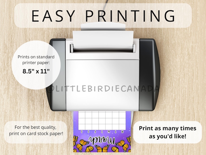 May include: A printer with a sheet of paper with a butterfly themed calendar design. The text "EASY PRINTING" is at the top of the image. The text "Prints on standard printer paper: 8.5" x 11" is in a white circle. The text "For the best quality, print on card stock paper!" is in a white circle. The text "Print as many times as you'd like!" is in a white circle. The calendar design has the word "March" in the center and butterflies on the bottom.