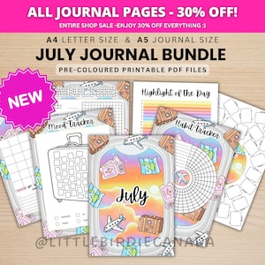 Op de afbeelding: Een juli-journalbundel met printbare PDF-pagina's in A4- en A5-formaat. De collectie bevat ontwerpen met een reisthema, waaronder vliegtuigraampjes, koffers, kaarten en tickets met een regenboogkleurige achtergrond. Inclusief trackers voor gewoontes.