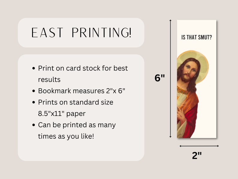 May include: Printable bookmark featuring a painting of Jesus Christ with the text "IS THAT SMUT?" at the top. The bookmark measures 2 inches by 6 inches and can be printed on standard 8.5 by 11 inch paper.