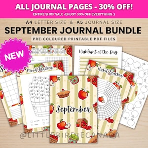 Könnte beinhalten: Ein September-Journal-Paket mit A4- und A5-druckbaren PDF-Dateien, die Apfel-Illustrationen, Stimmungs- und Gewohnheits-Tracker, Rasterlayouts und eine Titelseite mit dem Text September auf einem gestreiften Hintergrund enthalten.