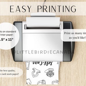 May include: A printer with a sheet of paper coming out of it. The paper has a black and white illustration of a book, a paintbrush, a pair of headphones, and other items. The text on the paper says "Book-Cafe". The text on the printer says "EASY PRINTING" and "Prints on standard printer paper: 8.5" x 11" For the best quality, print on card stock paper! Print as many time's as you'd like!"