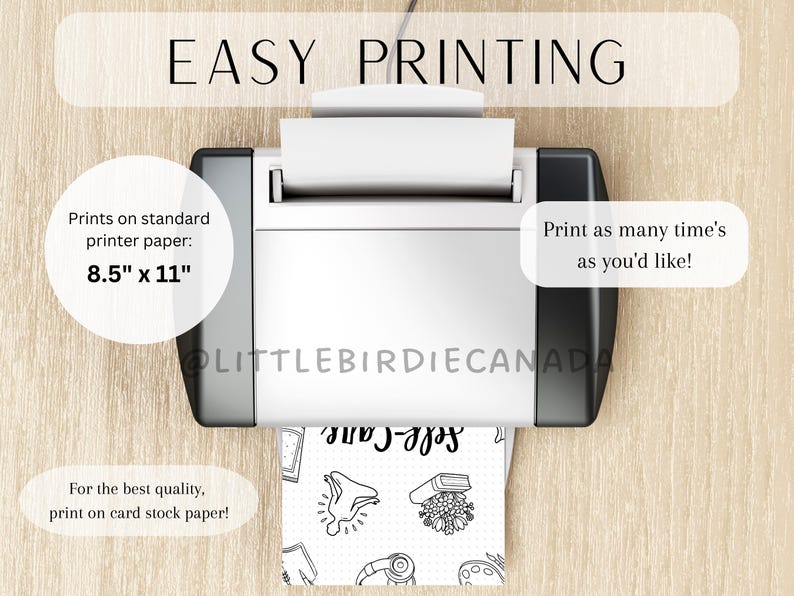 May include: A printer with a sheet of paper coming out of it. The paper has a black and white illustration of a book, a paintbrush, a pair of headphones, and other items. The text on the paper says "Book-Cafe". The text on the printer says "EASY PRINTING" and "Prints on standard printer paper: 8.5" x 11" For the best quality, print on card stock paper! Print as many time's as you'd like!"