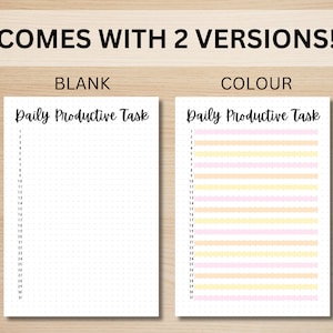 May include: Two versions of a printable daily productive task list. The first version is blank, and the second version has alternating yellow and pink stripes. Both versions have a dotted grid pattern and numbers 1 through 31.