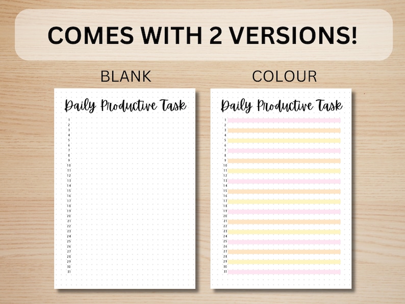 May include: Two versions of a printable daily productive task list. The first version is blank, and the second version has alternating yellow and pink stripes. Both versions have a dotted grid pattern and numbers 1 through 31.