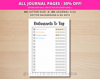 Restaurants To Try List - PRINTABLE Journal Page - Planner Page - List of Restaurants - Dining Out - Places to Try - Restaurant Review