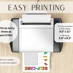 May include: A white printer printing a self-care printable on standard 8.5" x 11" paper. The image includes the text "EASY PRINTING" and instructions to print on card stock paper for best quality.