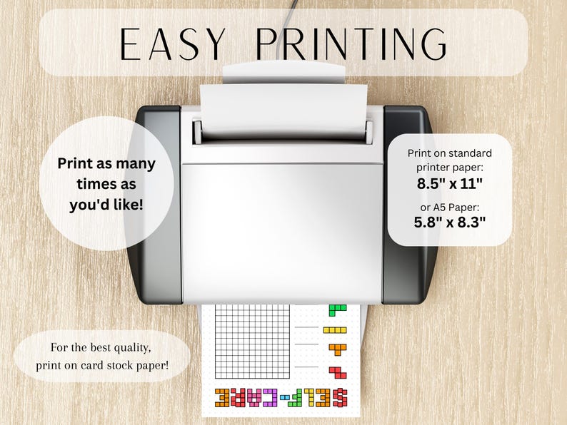 May include: A white printer printing a self-care printable on standard 8.5" x 11" paper. The image includes the text "EASY PRINTING" and instructions to print on card stock paper for best quality.
