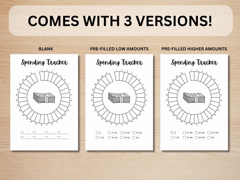 May include: Three printable versions of a spending tracker. The tracker is a circle divided into 30 sections. The first version is blank. The second version has pre-filled amounts from 0 to 80. The third version has pre-filled amounts from 0 to 150. Each version has a stack of cash in the centre of the circle.