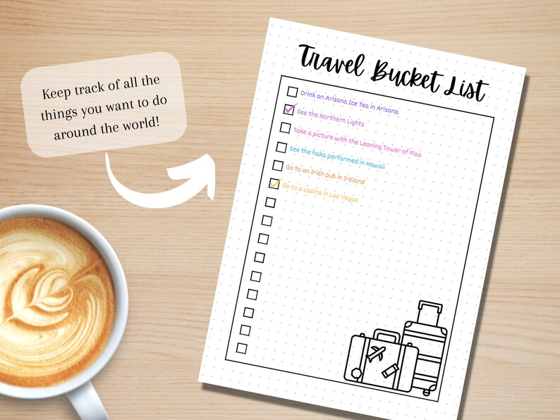 May include: A printable travel bucket list with a checklist of travel goals. The list includes items like "Drink an Arizona Ice Tea in Arizona" and "See the Northern Lights". The list is decorated with a drawing of suitcases.
