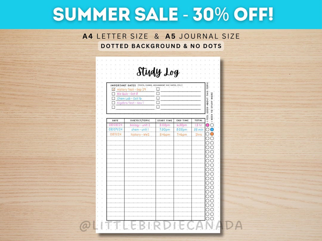 Study Log - PRINTABLE Journal Page - Student Journal - Student Planner ...