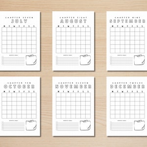 Puede incluir: Seis p&aacute;ginas de calendario imprimibles para julio a diciembre. Cada p&aacute;gina presenta el nombre del mes en negrita, una cuadr&iacute;cula para las entradas diarias y una secci&oacute;n para notas. Las p&aacute;ginas est&aacute;n dise&ntilde;adas para el bullet journaling y la planificaci&oacute;n.