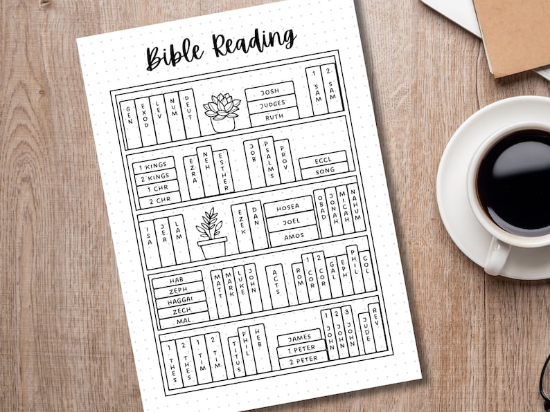 May include: A black and white printable Bible reading tracker with a bookshelf design. The tracker includes all the books of the Bible, with spaces to check off each book as it is read.