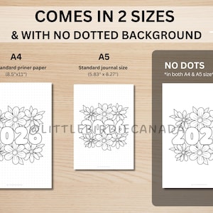 May include: White paper with a floral design and the year 2026 in the center. The text "COMES IN 2 SIZES & WITH NO DOTTED BACKGROUND" is at the top. The paper is available in A4 (8.5" x 11") and A5 (5.83" x 8.27") sizes.
