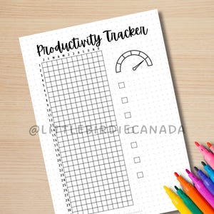 May include: A black and white productivity tracker printable with a grid, a speedometer, and checkboxes. The text "Productivity Tracker" is at the top of the page. The months of the year are listed across the top of the grid.