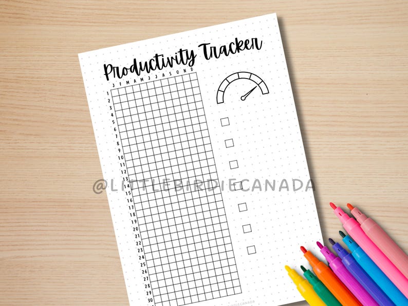 May include: A black and white productivity tracker printable with a grid, a speedometer, and checkboxes. The text "Productivity Tracker" is at the top of the page. The months of the year are listed across the top of the grid.