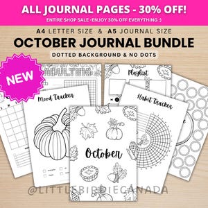 Könnte beinhalten: Eine Sammlung druckbarer Journal-Seiten mit dem Titel OCTOBER JOURNAL BUNDLE, die schwarz-weiße Strichzeichnungen von Kürbissen, Blättern, Eicheln und Torten zeigen. Die Seiten enthalten Tracker für Stimmungen und Gewohnheiten in A4 und A5.
