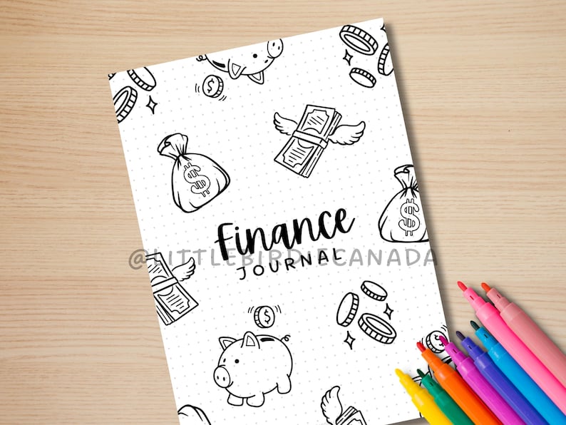 May include: Black and white printable coloring page featuring a finance journal cover with illustrations of money, piggy banks, and bags of money. The text "Finance Journal" is written in a bold, cursive font.