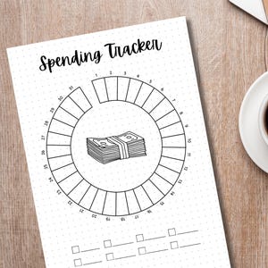 May include: A black and white printable spending tracker with a circle divided into 31 sections. The centre of the circle has a stack of money with a rubber band around it. The text "Spending Tracker" is at the top of the page.