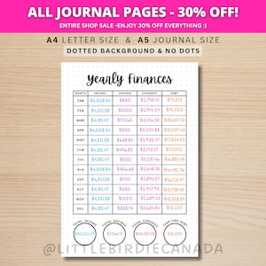 Seguimiento financiero anual - Página de diario imprimible - Página de planificación - Seguimiento de ingresos anuales - Seguimiento financiero - Seguimiento de gastos - Seguimiento de dinero