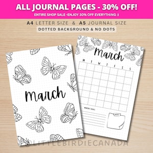 Página de título de marzo - Mariposa - Calendario de marzo - Calendario IMPRIMIBLE - Juego de página de título de diario y calendario - Portada de marzo