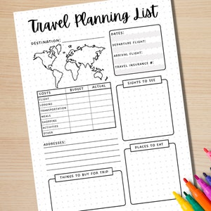 K&ouml;nnte beinhalten: Eine druckbare Reiseplanungsliste mit Abschnitten f&uuml;r Reiseziel, Daten, Fl&uuml;ge, Reiseversicherung, Kosten, Budget, Tats&auml;chlich, Sehensw&uuml;rdigkeiten, Restaurants und Dinge, die f&uuml;r die Reise gekauft werden sollen. Die Liste enth&auml;lt eine Weltkarte und gepunktete Linien zum Schreiben.
