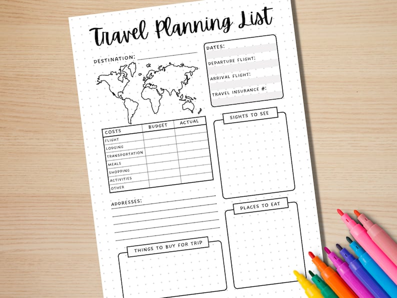 K&ouml;nnte beinhalten: Eine druckbare Reiseplanungsliste mit Abschnitten f&uuml;r Reiseziel, Daten, Fl&uuml;ge, Reiseversicherung, Kosten, Budget, Tats&auml;chlich, Sehensw&uuml;rdigkeiten, Restaurants und Dinge, die f&uuml;r die Reise gekauft werden sollen. Die Liste enth&auml;lt eine Weltkarte und gepunktete Linien zum Schreiben.